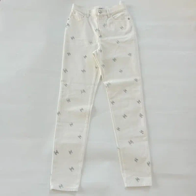 Pre-owned Chanel White With Cc Logo Glitter Jeans