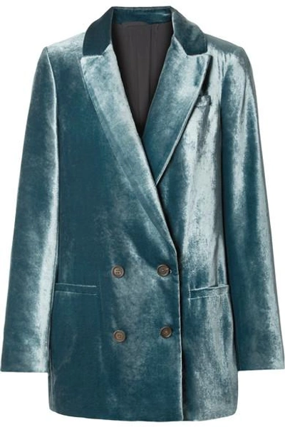 Brunello Cucinelli Double-breasted Liquid Velvet Oversized Jacket In Teal