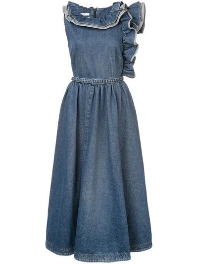 Co Belted Ruffled Denim Midi Dress In Blue
