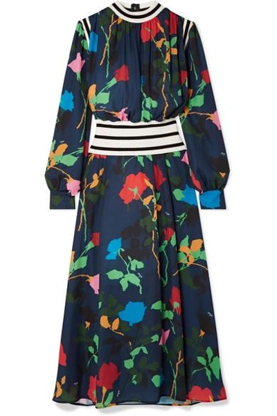 Msgm Ribbed Knit-trimmed Floral-print Crepe De Chine Maxi Dress In Navy