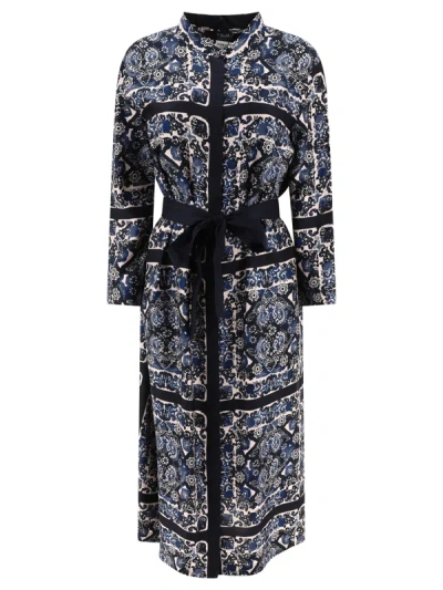 Max Mara S Printed Silk Dress With Belt In Blue