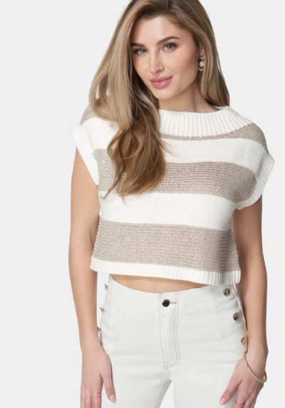 Bebe Drop Shoulder Sequin Detail Sweater Top In White Alyssum,taupe