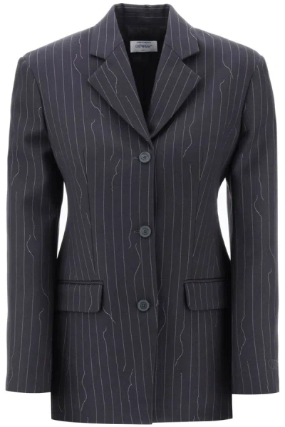 Off-white Broken Pinstripe Pattern Jacket With In Grey