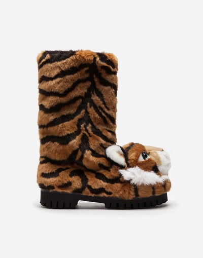 Dolce & Gabbana Biker Boots In Tiger Faux Fur In Multicolor