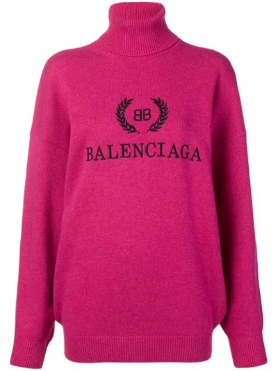 Balenciaga Embroidered Wool And Cashmere-blend Turtleneck Sweater In Rose-pink