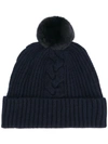 N•peal Fur Bobble Cable Beanie In Blue