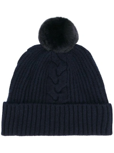 N.peal Fur Bobble Cable Beanie In Blue