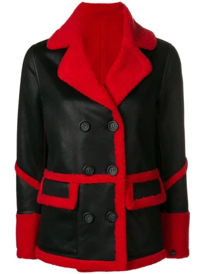 Urbancode Double Breasted Shearling Jacket - Black In Black/red