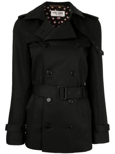 Saint Laurent Belted Short Trench Coat In Black