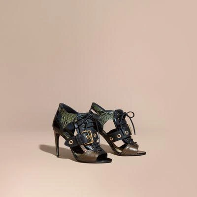 Burberry Buckle Detail Leather And Snakeskin Cut-out Ankle Boots In Military Olive