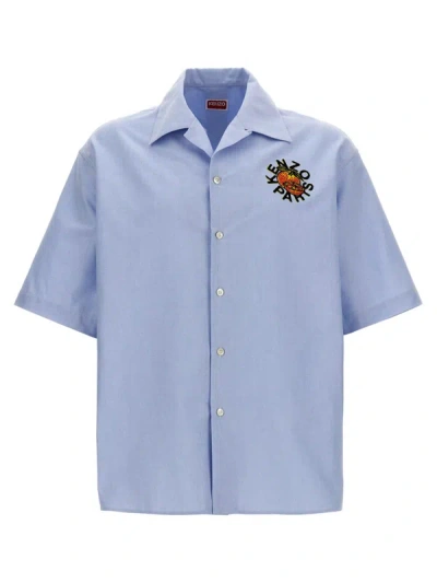 Kenzo Camp Collar Shirt With Orange Motif In Blue