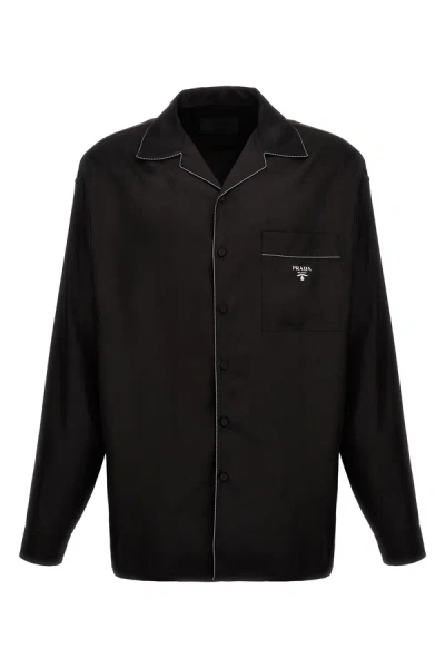 Prada Men Logo Silk Shirt In Black