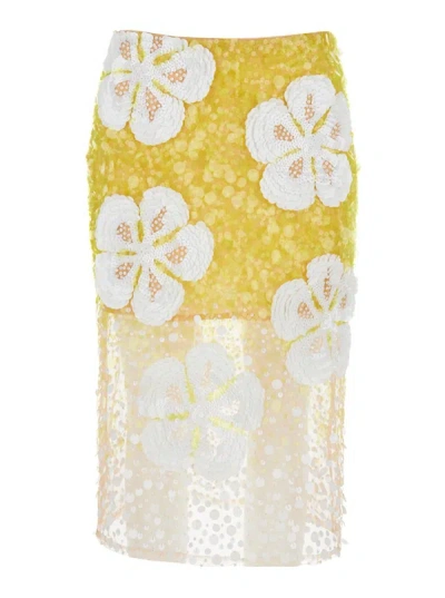 Des_phemmes Hibiscus Embroidery Skirt In Yellow
