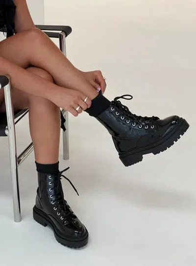 Princess Polly Obey Combat Boots Black Croc In Black Croc Patent