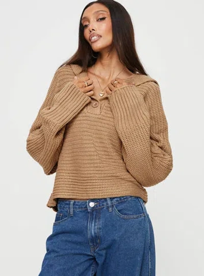 Princess Polly Praiano Button Front Collared Sweater Latte