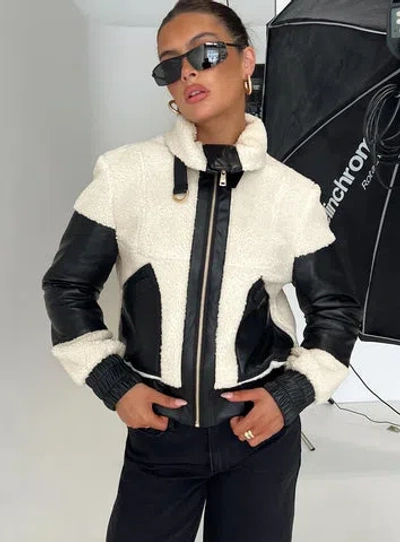 Princess Polly Rachale Faux Leather Shearling Jacket In Black / Cream