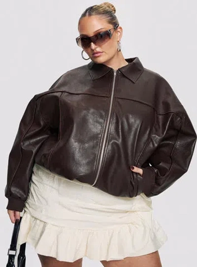 Princess Polly Curve Goldsmith Faux Leather Bomber Jacket In Brown