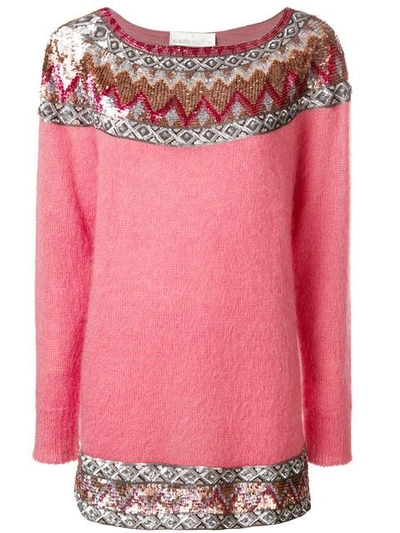 Alberta Ferretti Sequin Embellished Slash Neck Sweater In Pink