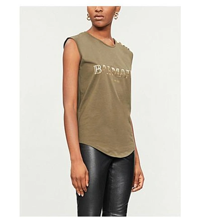 Balmain Metallic Logo-print Cotton Top In Khaki