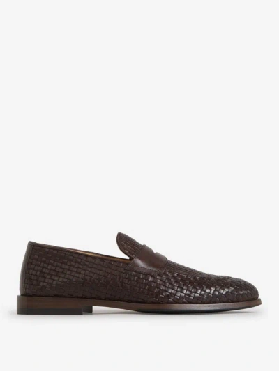 Brunello Cucinelli Leather Intrecciato Loafers In Marró Fosc