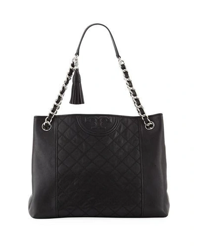 Tory Burch Fleming Distressed Leather Tote - Black In Black/silver