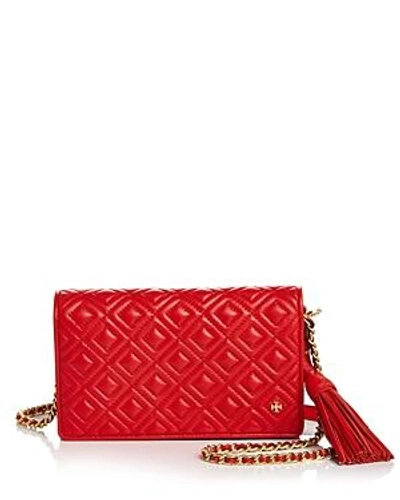 Tory Burch Fleming Flat Leather Wallet Bag In Brilliant Red/gold
