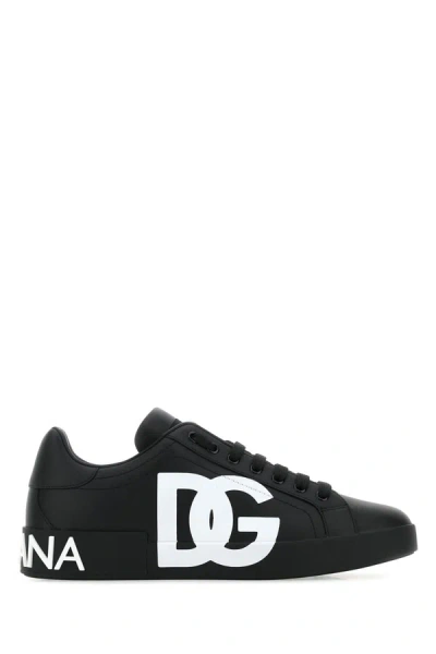 Dolce & Gabbana Black Nappa Leather Portofino Trainers In 8b956