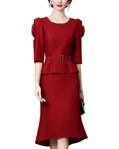 Anette Elbow-sleeve Midi Dress In Red