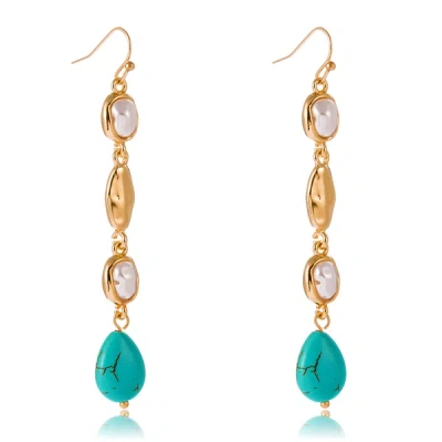 Liv Oliver 18k Gold Pearl And Turquoise Drop Earrings