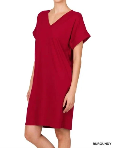 Zenana Blake V-neck T-shirt Dress In Dark Burgundy In Red