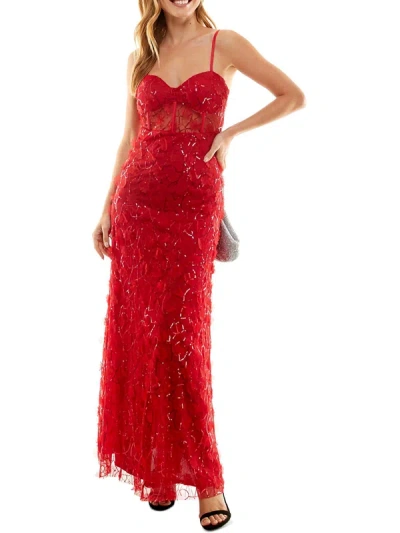 Jump Apparel Juniors Womens Sequined Illusion Evening Dress In Red