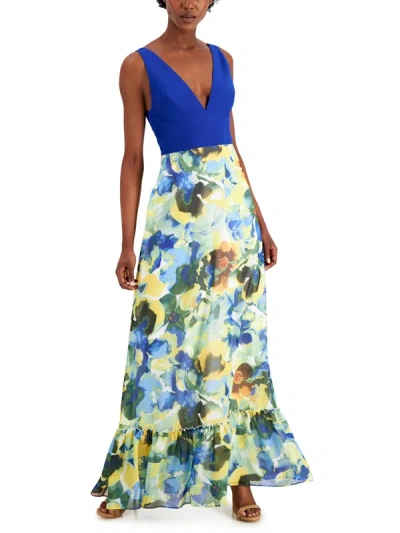 Aidan Mattox Womens Floral Print Long Maxi Dress In Blue
