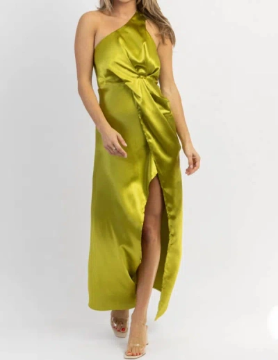 Lena Martini Hour One Shoulder Satin Midi Dress In Green