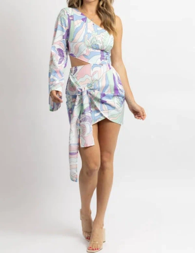 Luxxel One Sleeved Side-tie Mini Dress In Pastel Print In Multi