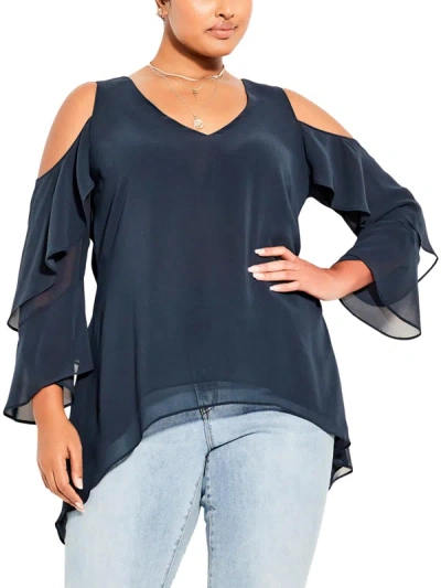 City Chic Plus Womens Hi-low Cold Shoulder Blouse In Blue