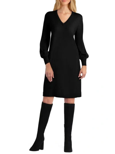 Isaac Mizrahi Womens V-neck Above Knee Sweaterdress In Black