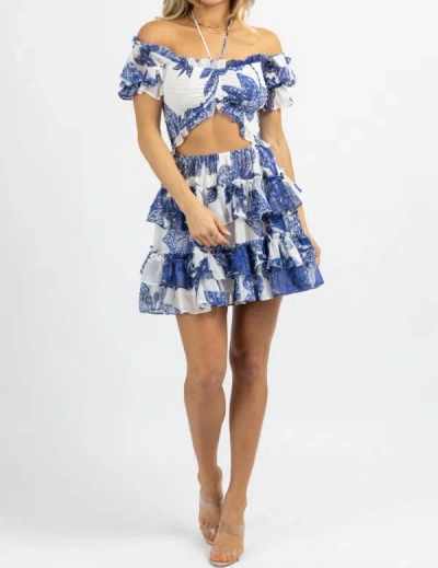 Luxxel Smock Ruffle Tiered Mini Dress In White + Blue In Multi