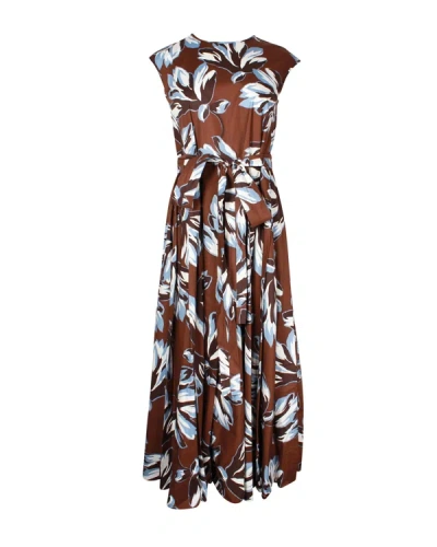 Contemporary Designer Brown & Blue Floral Pleated Maxi Dress In Multi