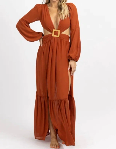 Luxxel Square Trim High Slit Maxi Dress In Rust In Multi