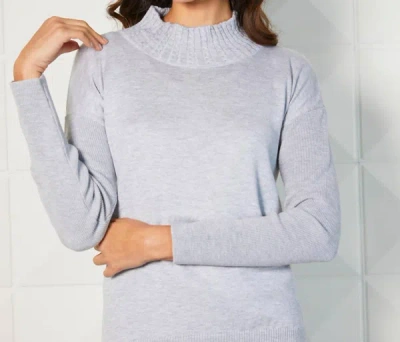 French Kyss Braided Mock Neck Ribbed Sleeve Top In Slate In Grey