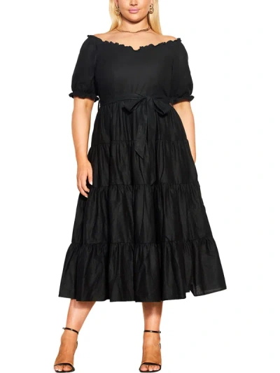 City Chic Plus Womens Linen Blend Tiered Midi Dress In Black