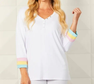 French Kyss Detail Button Neck Multi Color Sleeve Top In White