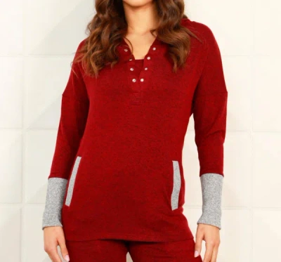 French Kyss Button Ribbed Hoodie With Pocket In Wine/tin In Multi