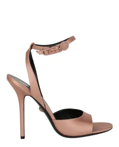 Versace Safety Pin Silk Heel Sandals In Beige