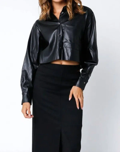 Olivaceous Bette Cropped Faux Leather Button Down In Black