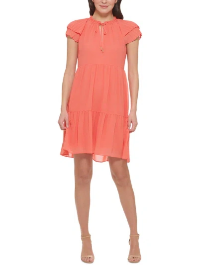 Vince Camuto Petites Womens Pleated Tiered Fit & Flare Dress In Pink