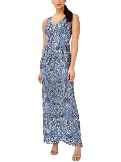 Adrianna Papell Womens Sequined Long Evening Dress In Blue