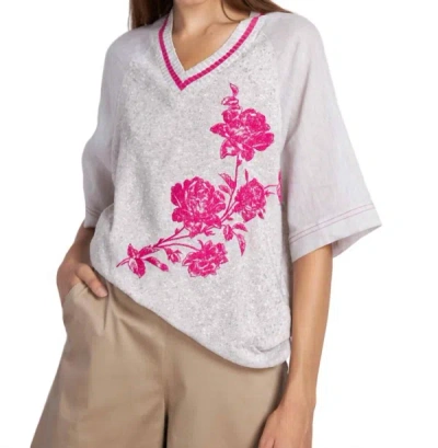 Tricot Chic V Neck Linen Knit Top In Beige With Pink In Grey