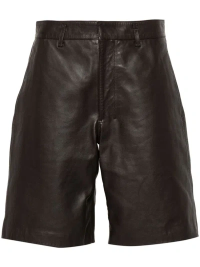 Lemaire Leather Knee Shorts In Dark Brown