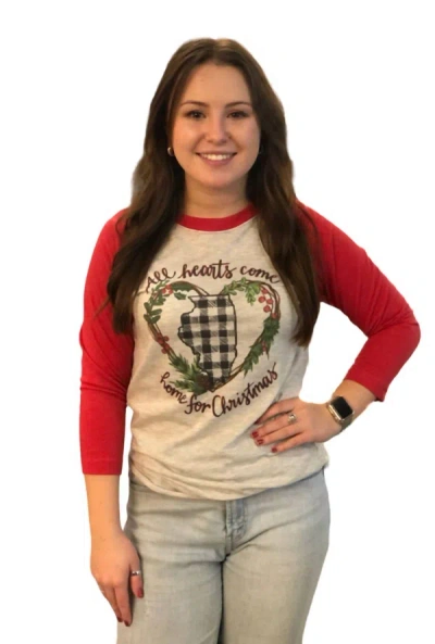 Luckybird Clothing Company All Hearts Come Home For Christmas Raglan Tee In Red In Beige